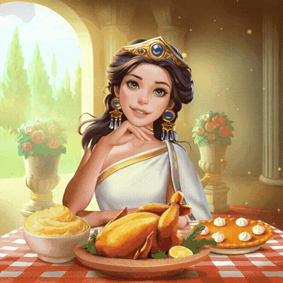 An Illustration Of A Woman Sitting At A Table With Food GIF