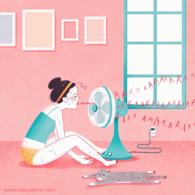 An Illustration Of A Woman Sitting In Front Of A Fan With The Website Www.juliayellow.com Visible GIF