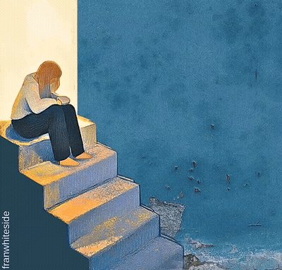 An Illustration Of A Woman Sitting On A Set Of Stairs GIF