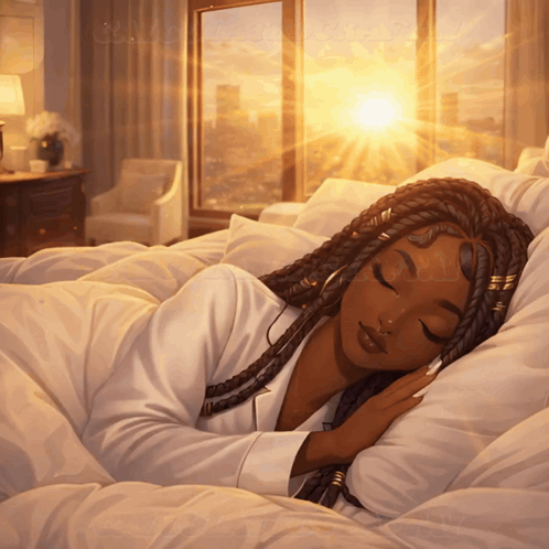 An Illustration Of A Woman Sleeping In A Bed With The Sun Shining Through The Window GIF