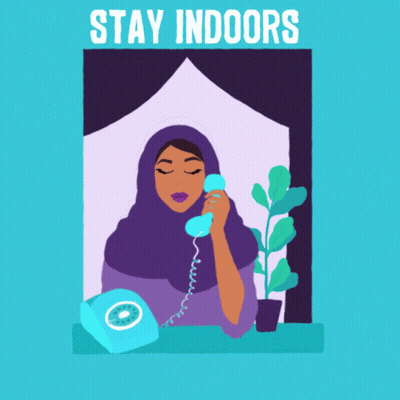 An Illustration Of A Woman Talking On A Phone With The Words " Stay Indoors But Stay Connected " GIF