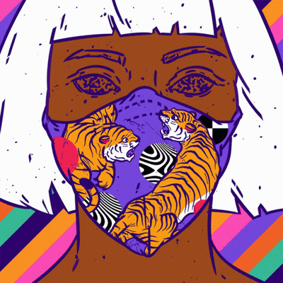 An Illustration Of A Woman Wearing A Mask With Tigers On Her Face GIF