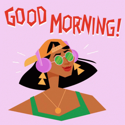 An Illustration Of A Woman Wearing Headphones And Sunglasses With The Words " Good Morning " Above Her GIF
