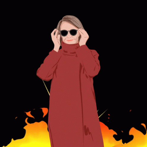 An Illustration Of A Woman Wearing Sunglasses And A Red Coat GIF