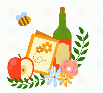 An Illustration Of An Apple A Book A Bottle Of Wine And Flowers GIF
