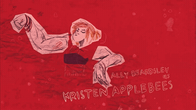 An Illustration Of Kristen Applebees And Ally Beardsley On A Red Background GIF