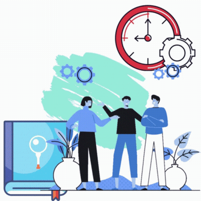 An Illustration Of Three People Standing Next To Each Other With A Clock And Gears In The Background GIF