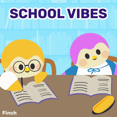 An Illustration Of Two Penguins Sitting At A Table With The Words School Vibes Behind Them GIF