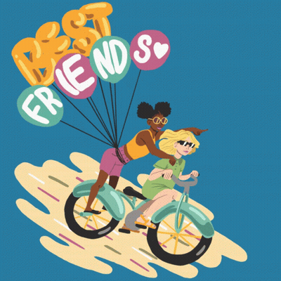An Illustration Of Two Women Riding A Bike With Balloons That Say Best Friends GIF