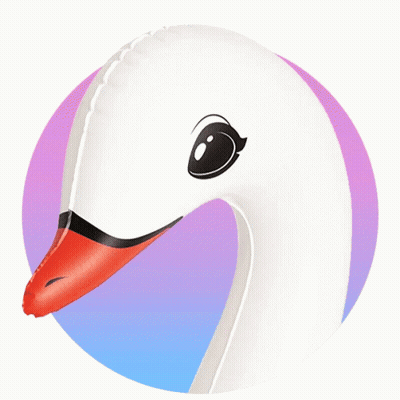 An Inflatable White Swan With A Red Beak And Black Eyes GIF