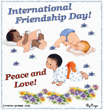 An International Friendship Day Greeting Card With Three Babies On It GIF