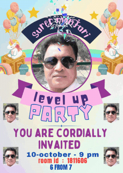 An Invitation To A Level Up Party With A Picture Of A Man In Sunglasses GIF