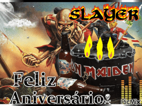 An Iron Maiden Cake With A Skeleton Holding A Bottle Of Beer GIF