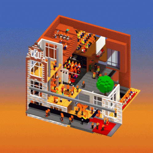 An Isometric Drawing Of A Building With A Sign That Says ' A & A ' On It GIF