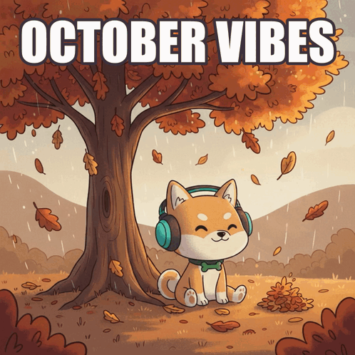 An October Vibes Poster With A Shiba Inu Wearing Headphones Under A Tree GIF