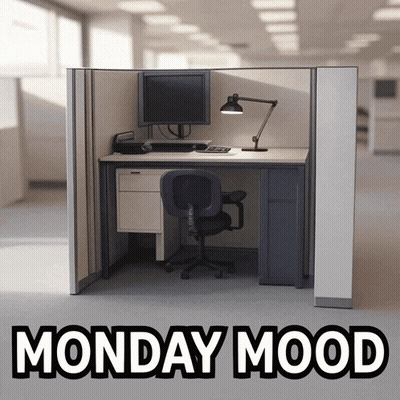 An Office Cubicle With The Words Monday Mood Written On It GIF