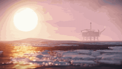 An Oil Rig In The Middle Of The Ocean With The Sun In The Background GIF