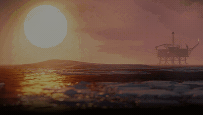 An Oil Rig In The Ocean At Sunset With The Sun Shining Through The Clouds GIF