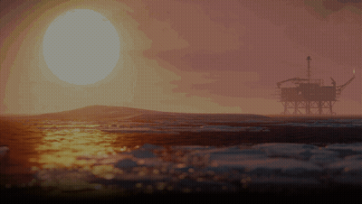 An Oil Rig In The Ocean At Sunset With The Sun Shining Through The Clouds GIF