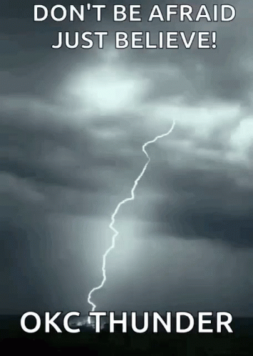 An Okc Thunder Poster With A Lightning Bolt In The Sky GIF