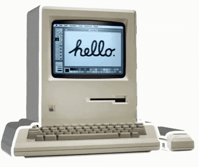 An Old Apple Computer With The Words Hello On The Screen GIF