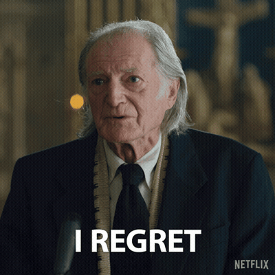 An Older Man In A Suit And Tie Says " I Regret " GIF