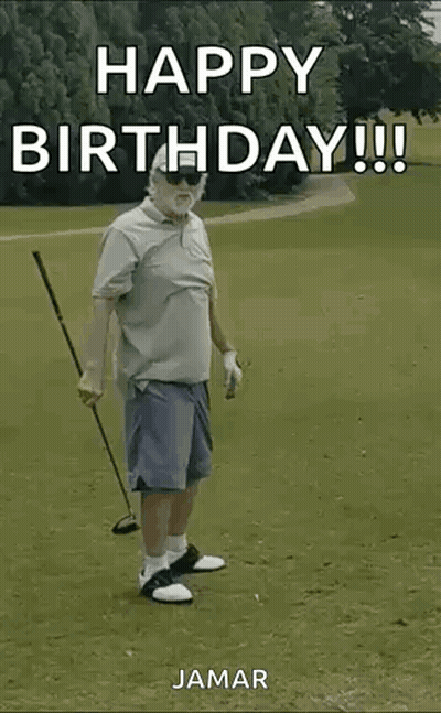 An Older Man Is Holding A Golf Club On A Golf Course And Dancing . GIF