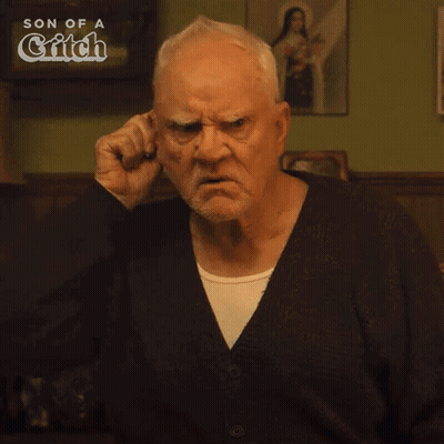 An Older Man Is Making A Funny Face With The Words Speak Up I Can 'T Hear You Below Him GIF