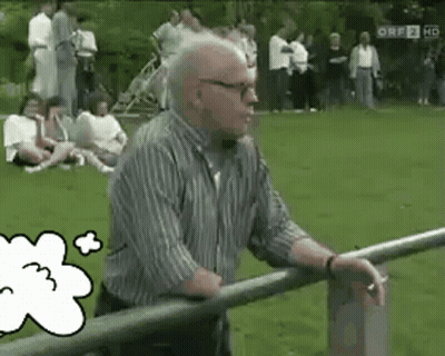 An Older Man Leaning On A Railing In A Park With A Thought Bubble With The Number 3 On It GIF