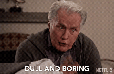 An Older Man Sitting On A Couch With The Words Dull And Boring Behind Him GIF