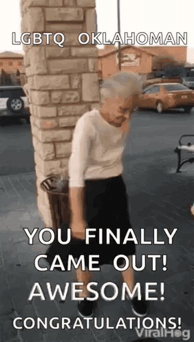 An Older Woman Is Dancing In Front Of A Brick Wall And Says `` You Finally Came Out Awesome ! '' GIF