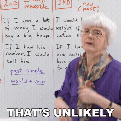An Older Woman Stands In Front Of A Whiteboard With The Words That 'S Unlikely Written On It GIF