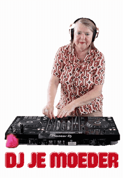 An Older Woman Wearing Headphones Is Playing Music On A Pioneer Dj GIF