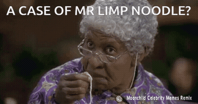 An Older Woman With Glasses Is Eating Noodles With The Caption A Case Of Mr Limp Noodle GIF