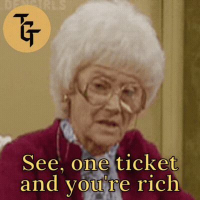 An Older Woman With Glasses Says " See One Ticket And You 'Re Rich " GIF