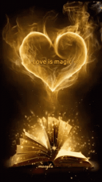 An Open Book With A Heart Shaped Smoke Coming Out Of It And The Words Love Is Magic GIF