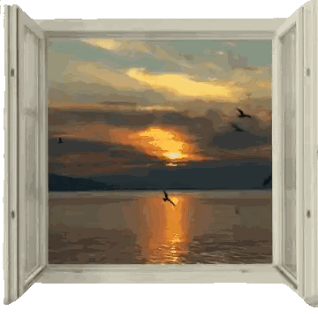 An Open Window With Birds Flying Over A Body Of Water At Sunset Sticker
