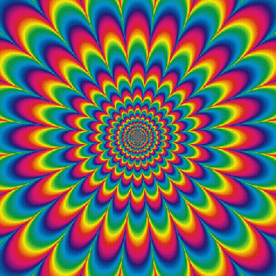 An Optical Illusion Of A Rainbow Colored Flower With A Center In The Middle GIF
