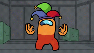 An Orange Among Us Character With A Colorful Jester Hat GIF