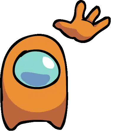 An Orange Among Us Character With A Hand Waving In The Air Sticker