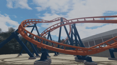 An Orange And Blue Roller Coaster With A Blue Sky Behind It GIF