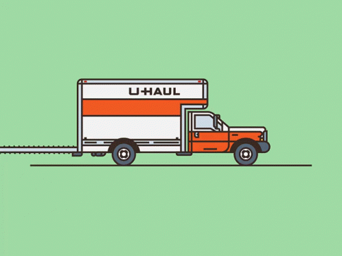 An Orange And White U-Haul Truck With A Couch And Flowers On The Back GIF