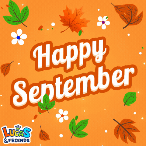 An Orange Background With Leaves And Flowers And The Words " Happy September " GIF