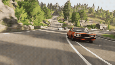 An Orange Car Is Driving Down A Road With Trees On The Side GIF
