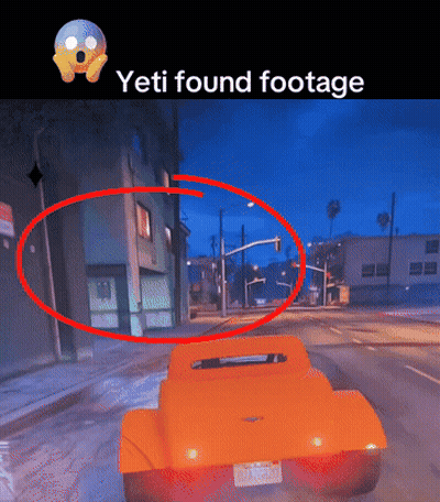 An Orange Car Is Driving Down A Street With The Words Yeti Found Footage Above It GIF
