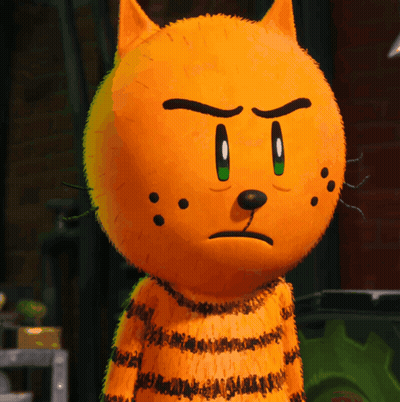 An Orange Cartoon Cat With Black Spots On Its Face GIF