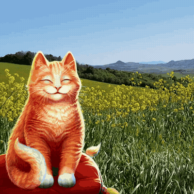 An Orange Cat Is Sitting In A Field Of Yellow Flowers With Its Eyes Closed GIF