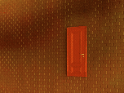An Orange Door With A Picture Of A Smiling Face In It GIF