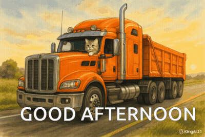 An Orange Dump Truck With A Cat In The Driver 'S Seat And The Words Good Afternoon On The Bottom GIF