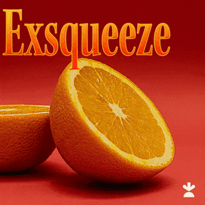 An Orange Sliced In Half With The Words Exsqueeze Written Above It GIF